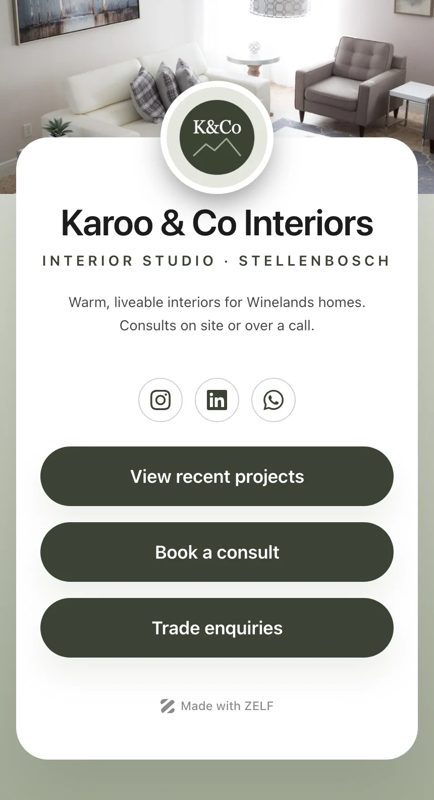 A ZELF page for the fictional interior studio Karoo & Co Interiors, on its own brand colours with three link buttons.