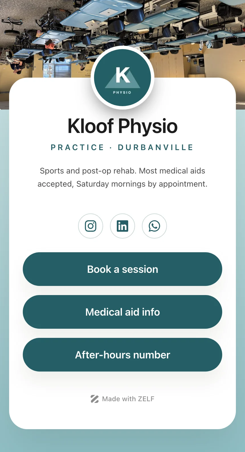A ZELF page for the fictional practice Kloof Physio, with booking, medical aid and after-hours link buttons.