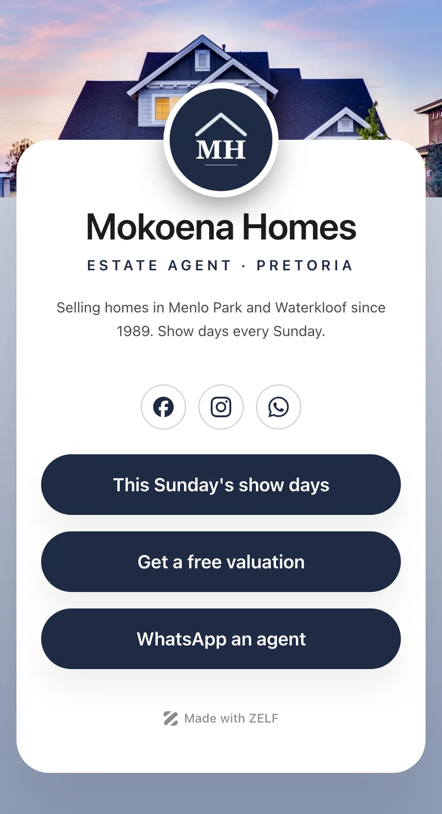 A free ZELF link-in-bio page for the fictional estate agency Mokoena Homes, with three link buttons and social icons.