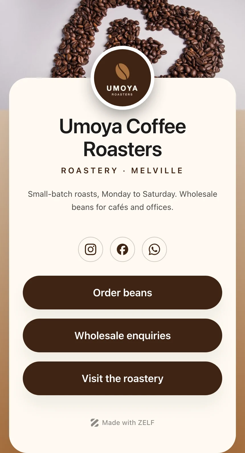 A ZELF link page for the coffee roaster Umoya Coffee Roasters, showing its headline, bio, social icons and three link buttons.